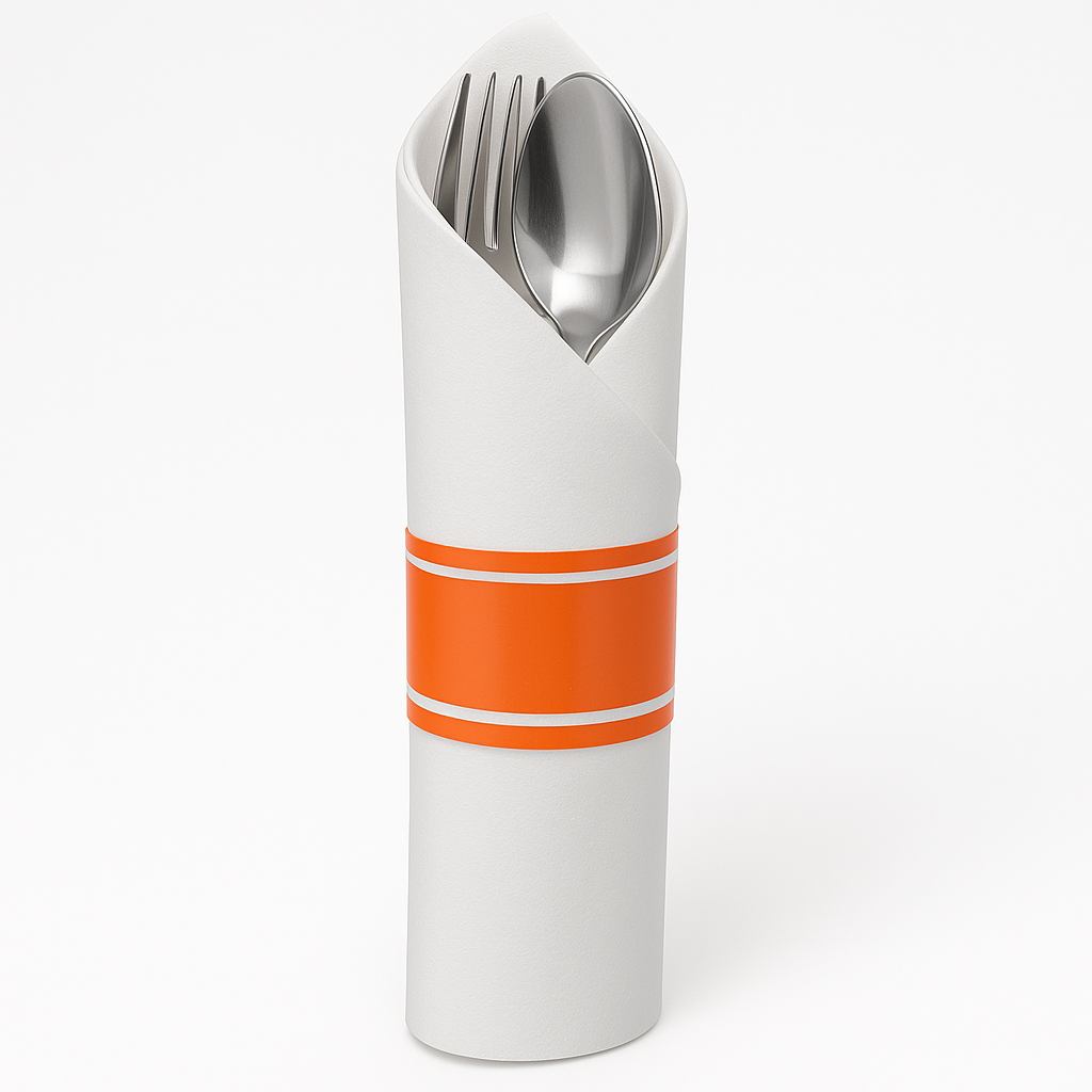Premium Rolled Cutlery Set with Orange Napkin Wrap