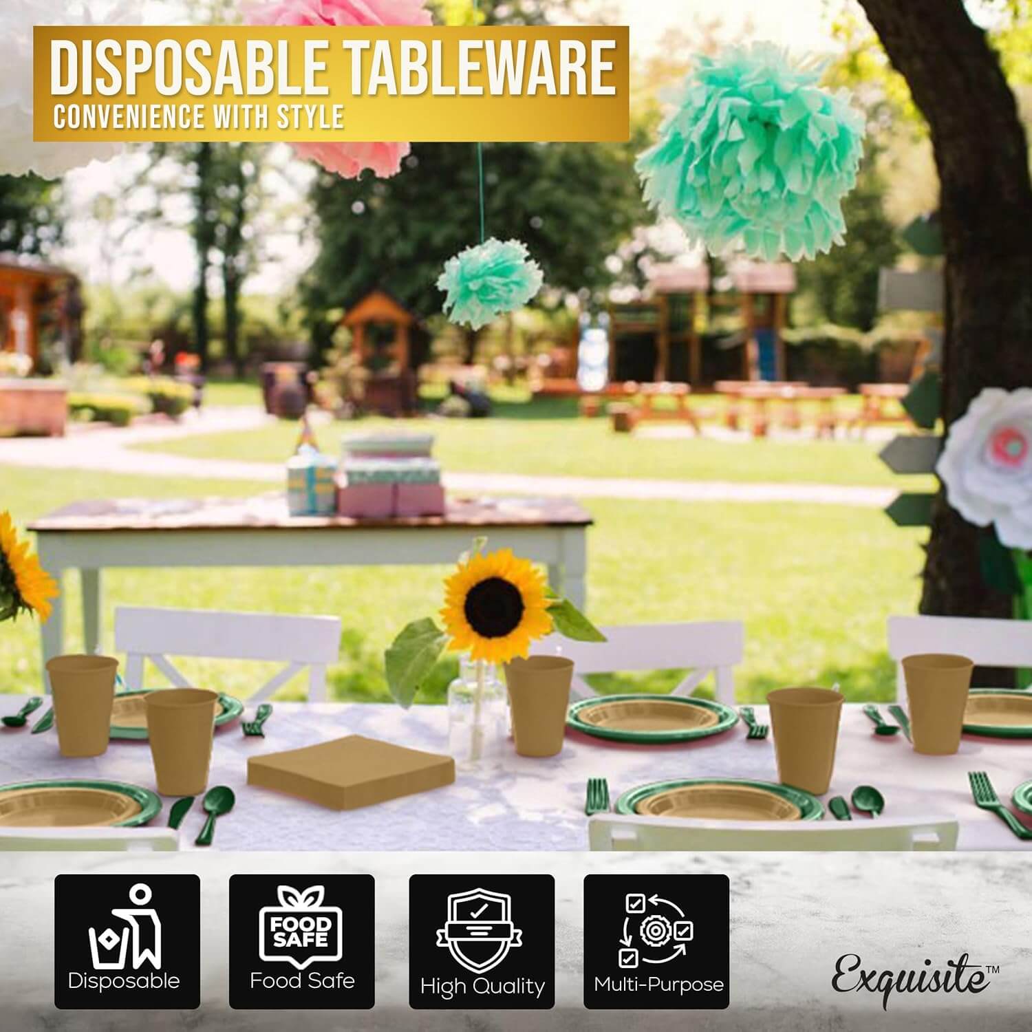 350 Pcs Green & Gold Disposable Tableware Set