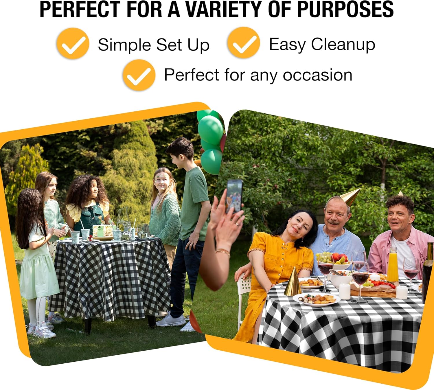Round Black Gingham Plastic Table Covers | 12 Pack - 84 in.