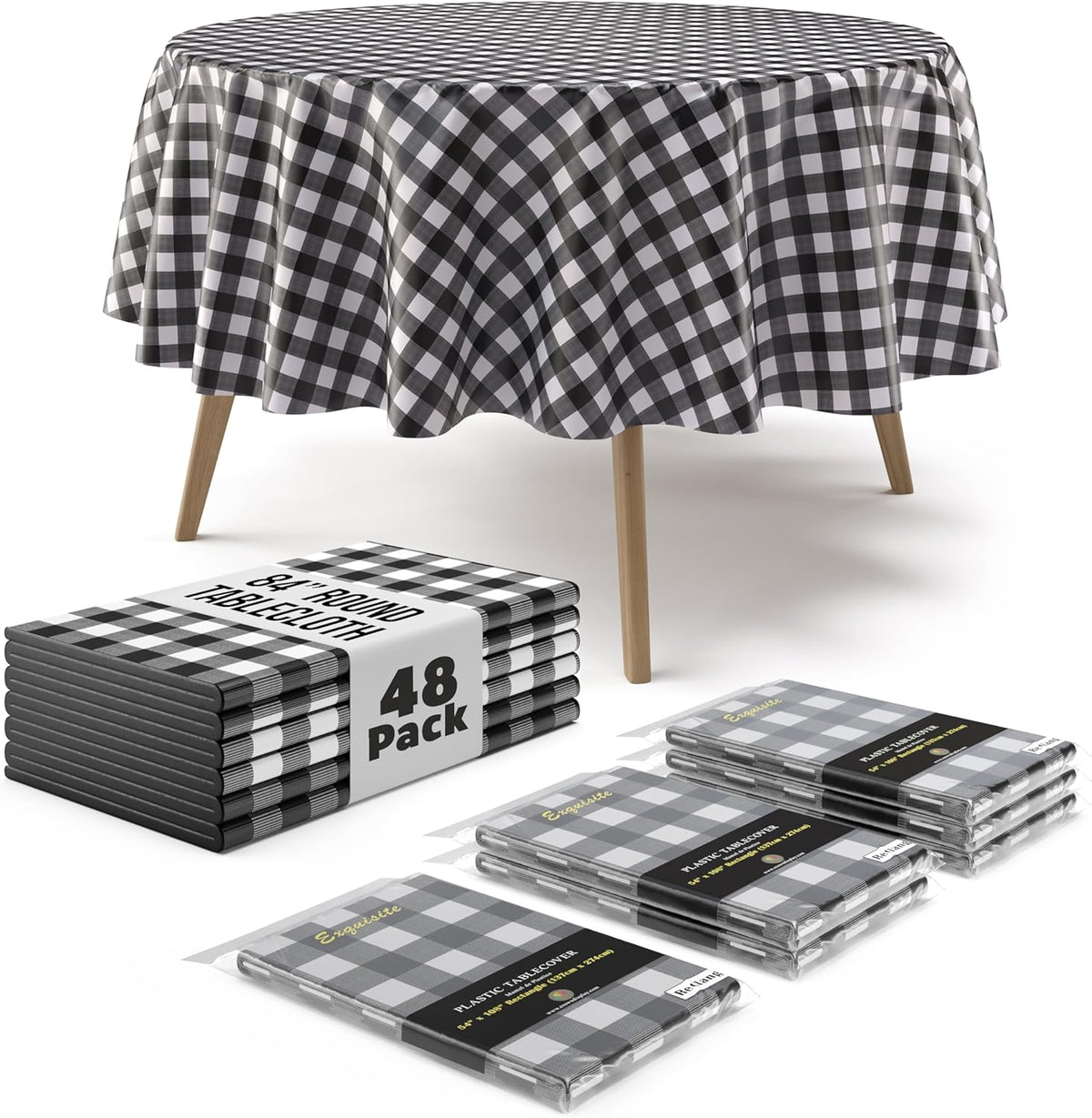 Round Black Gingham Plastic Table Cover - 84 in. | Case of 48