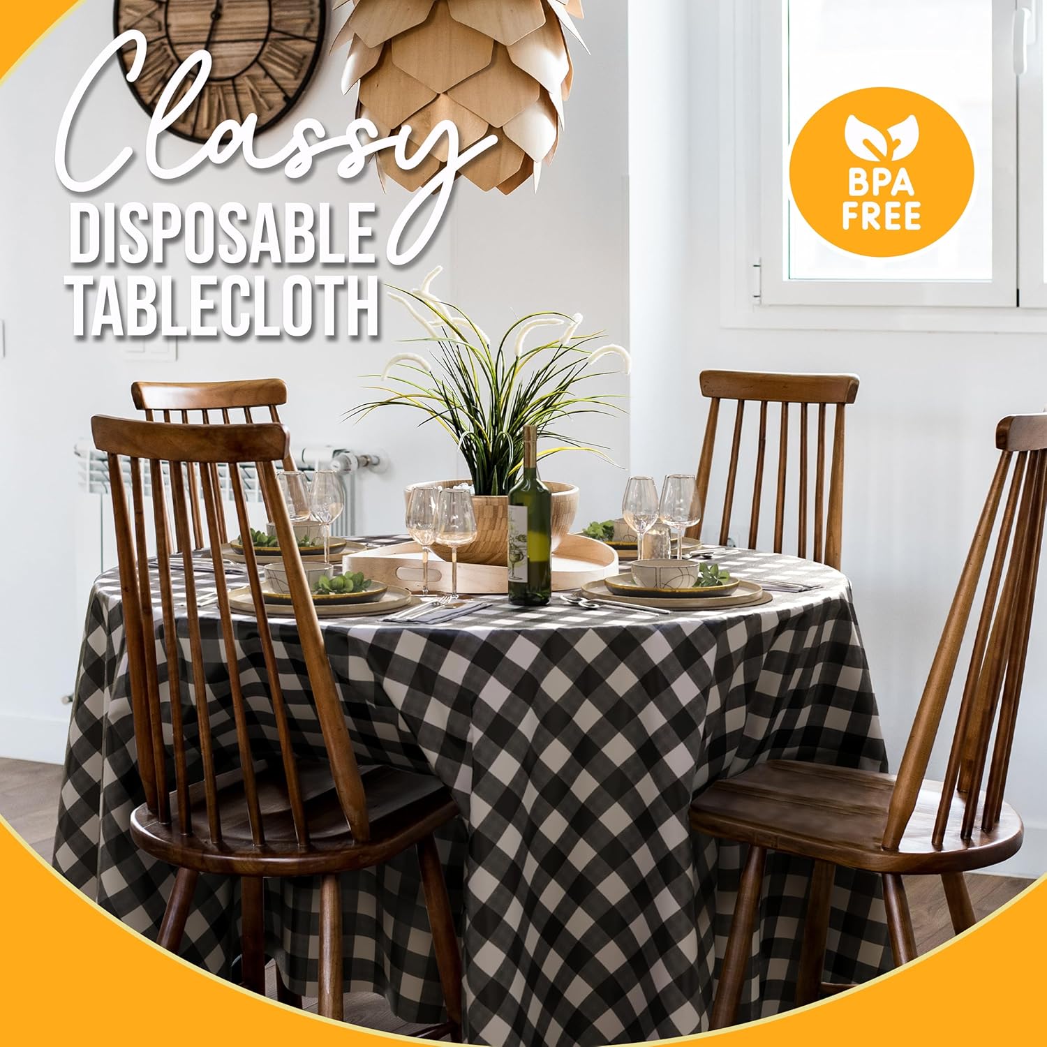 Round Black Gingham Plastic Table Covers | 12 Pack - 84 in.