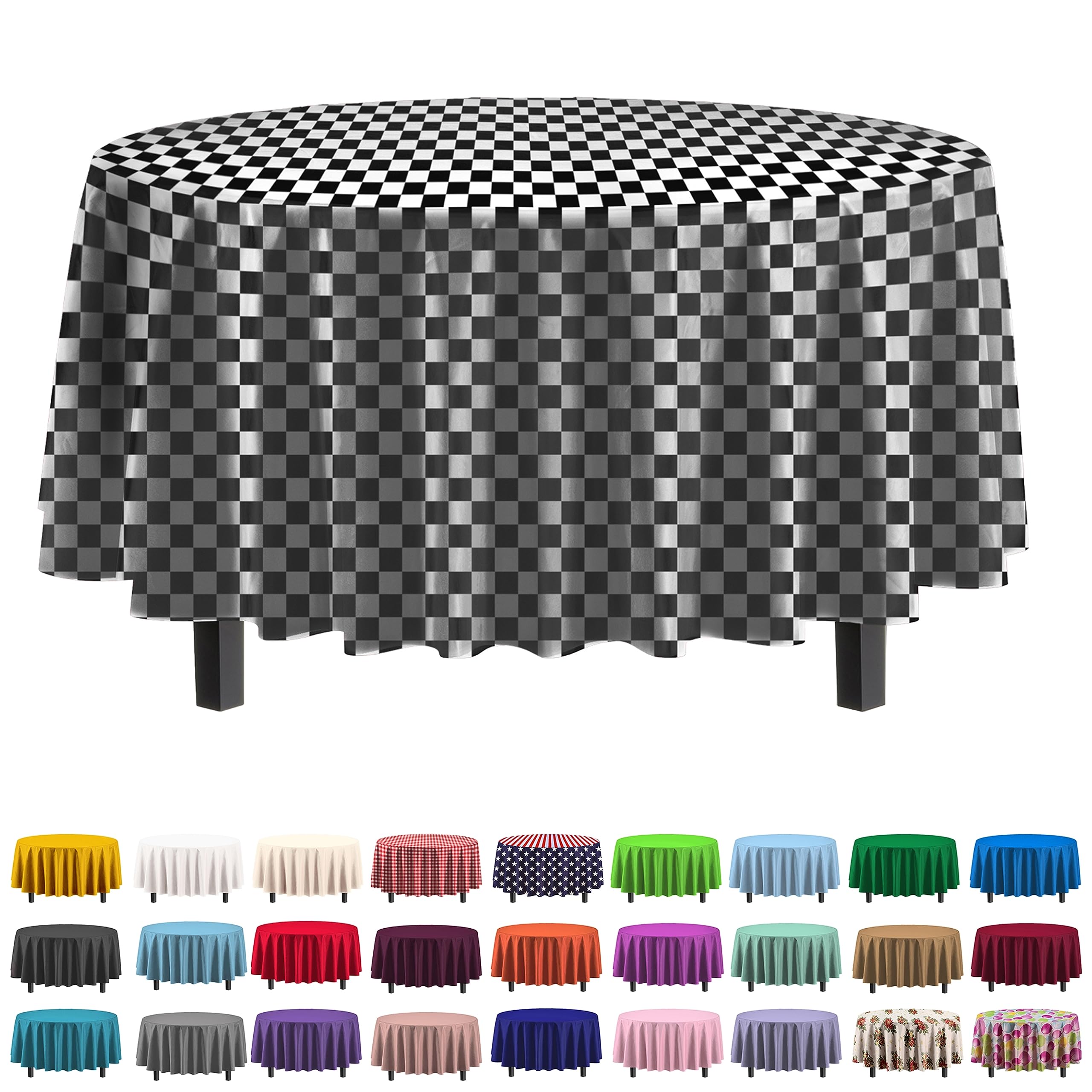 84" Round Black/White Checkered Table Cover
