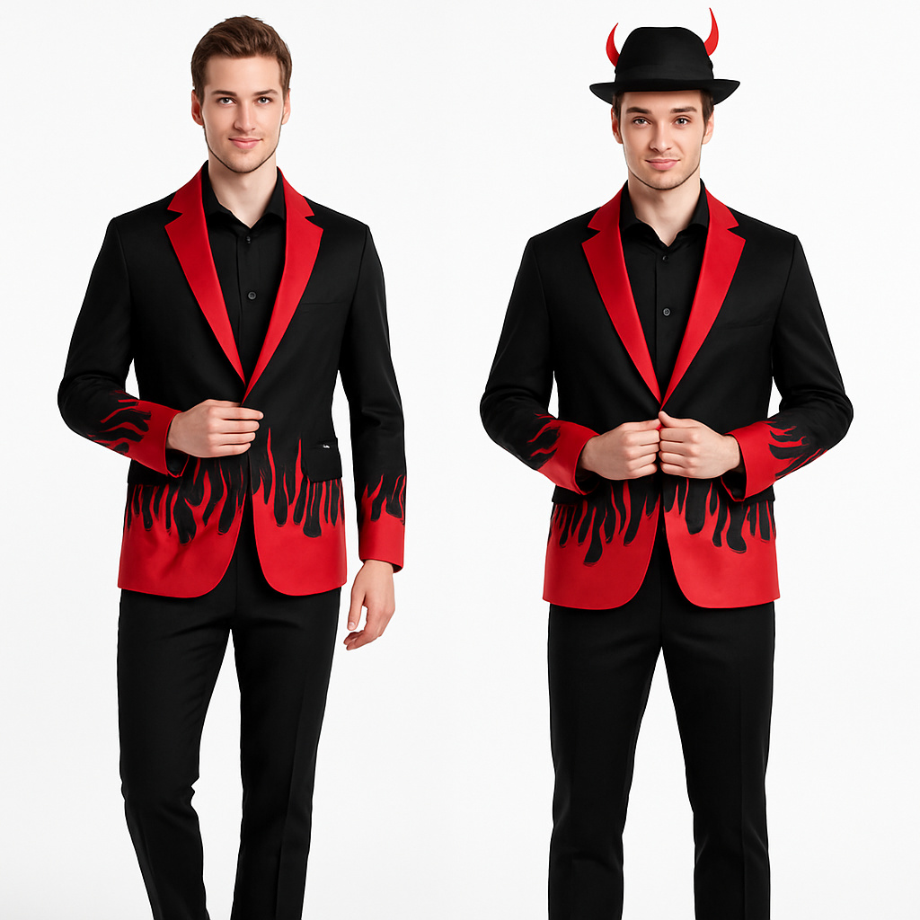 Men's Devil Suit Jacket Costume with Red Flame Detail - L/XL