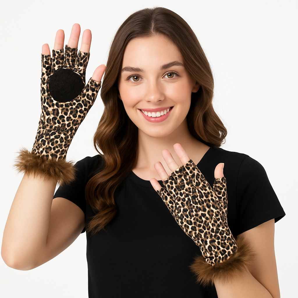 Adult Leopard Print Fingerless Gloves with Fur Trim - Halloween Costume Accessory