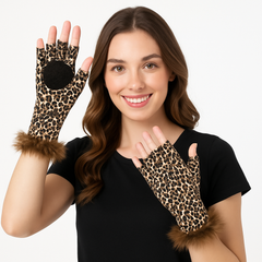 Adult Leopard Print Fingerless Gloves with Fur Trim - Halloween Costume Accessory