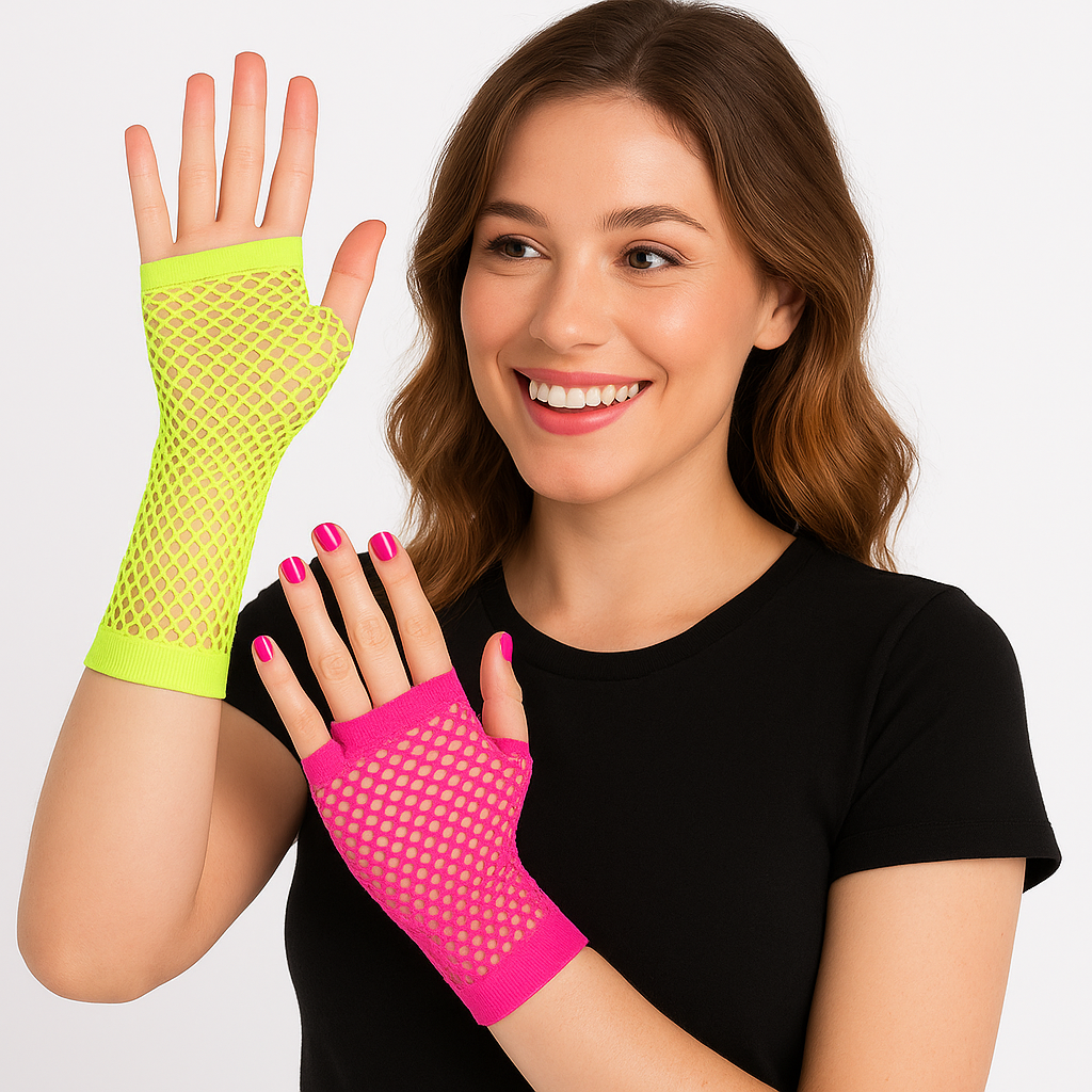 Vibrant 1980s Neon Fishnet Fingerless Gloves - Pink & Yellow