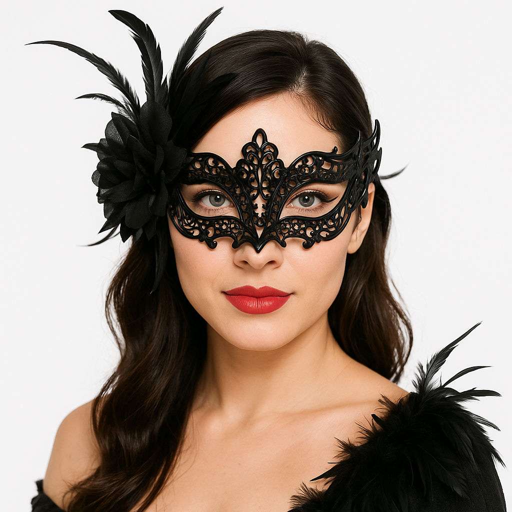 Black Filigree Feather Masquerade Mask with Rhinestone Accents