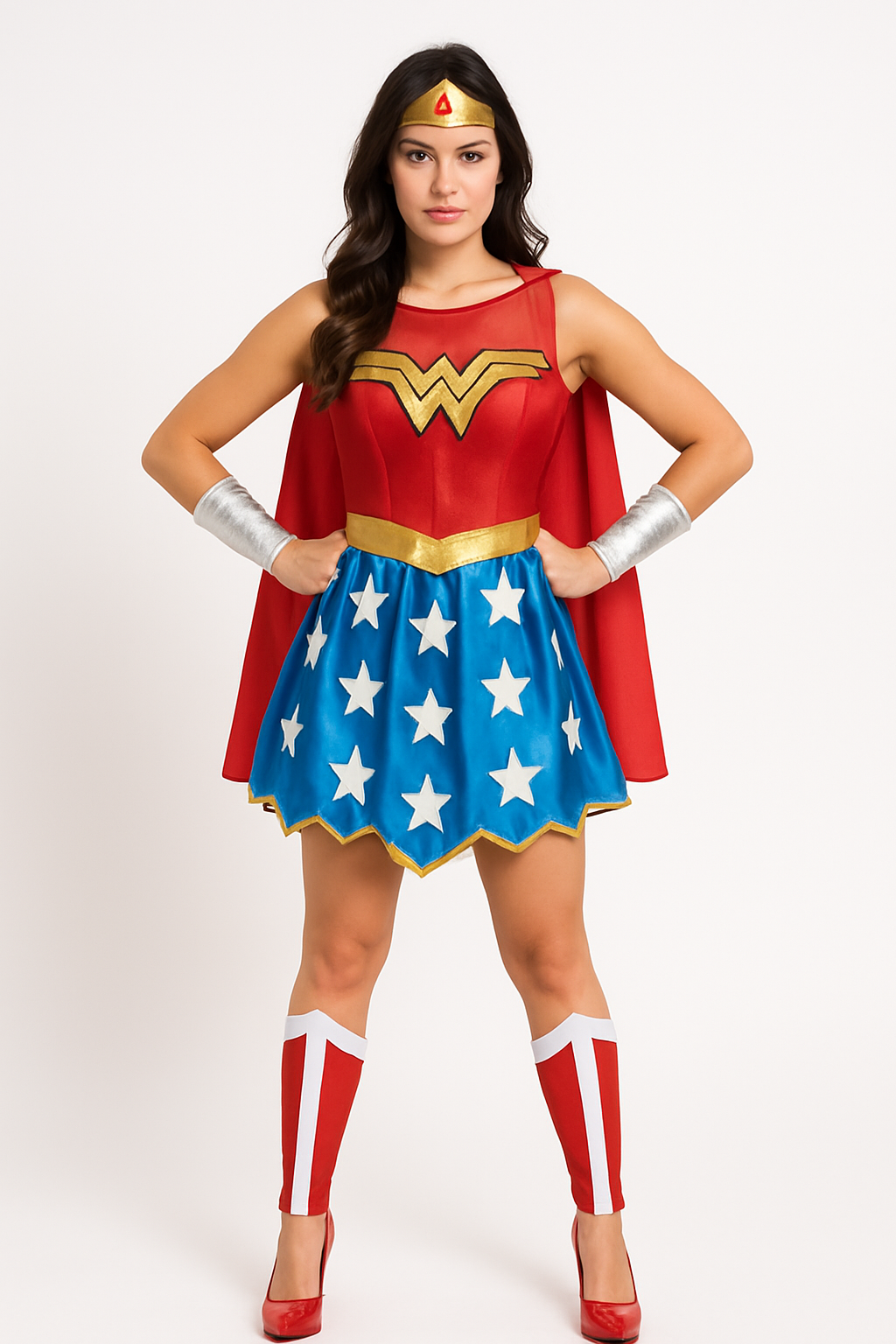 Women's Wonder Woman Costume with Gauntlets, Tiara & Leg Warmers