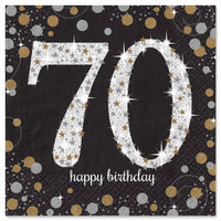 Sparkling Celebration 70th Birthday Lunch Napkins - 6.5 In. x 6.5 In. - Black/Silver/Gold, 16-Pack