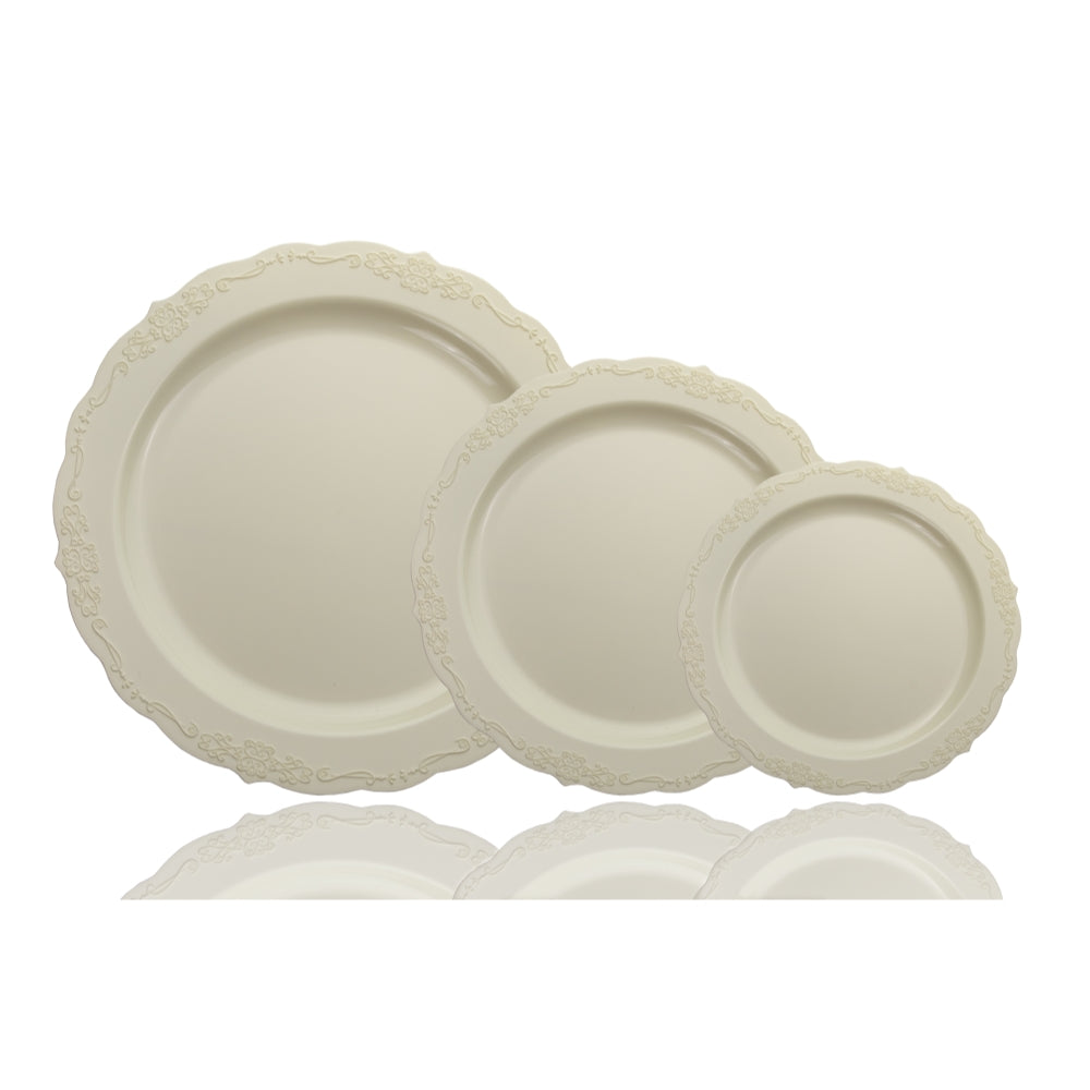 10 In. Ivory Victorian Design Plastic Plates | 120 Count