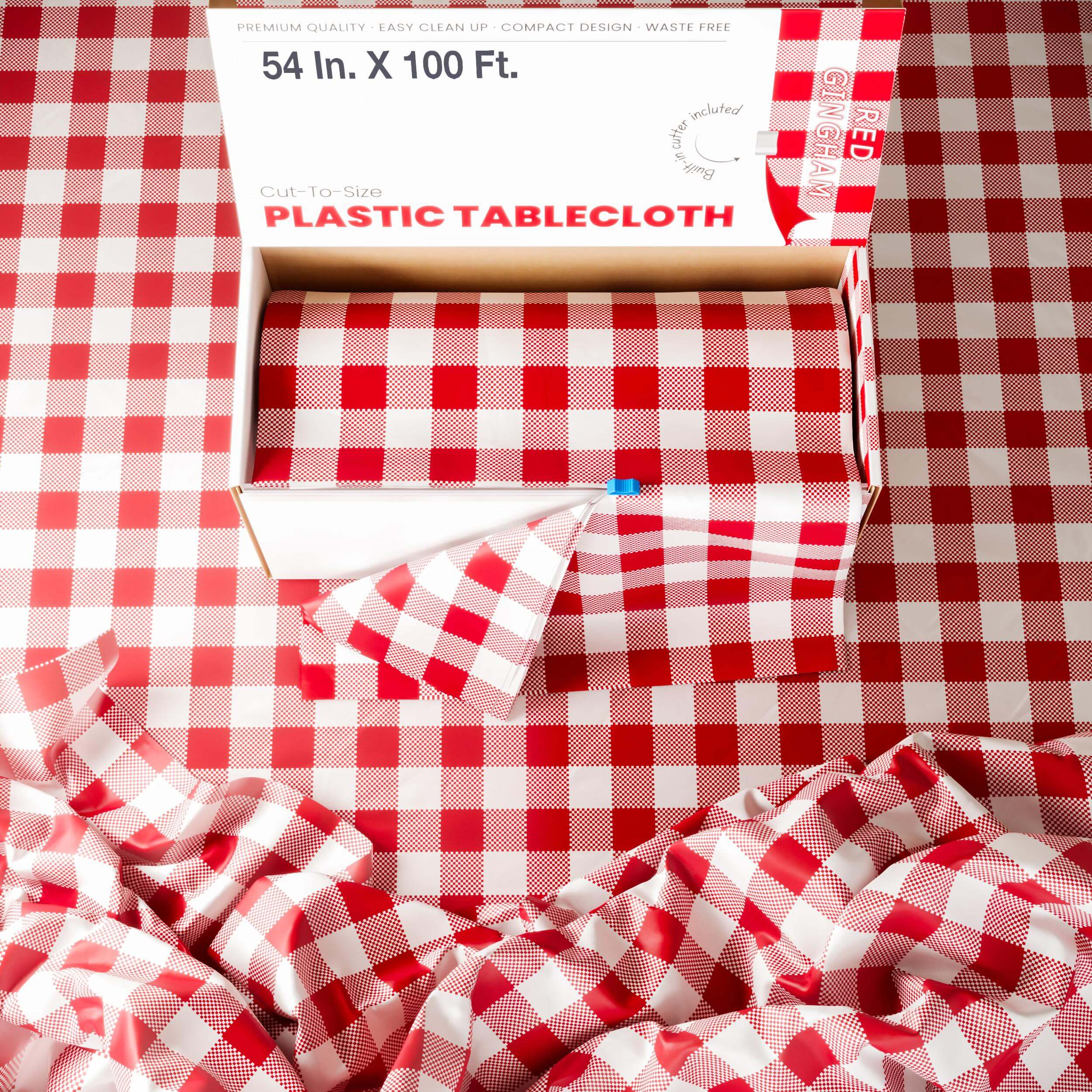 54 In. x 100 Ft. Cut to Size Plastic Table Cover  | Red Gingham | Case of 6
