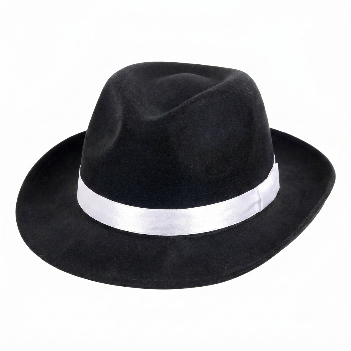 Black Gangster Fedora Hat with White Satin Band