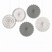Silver Patterned Paper Fan Decorations - 5 Inch, 5-Pack