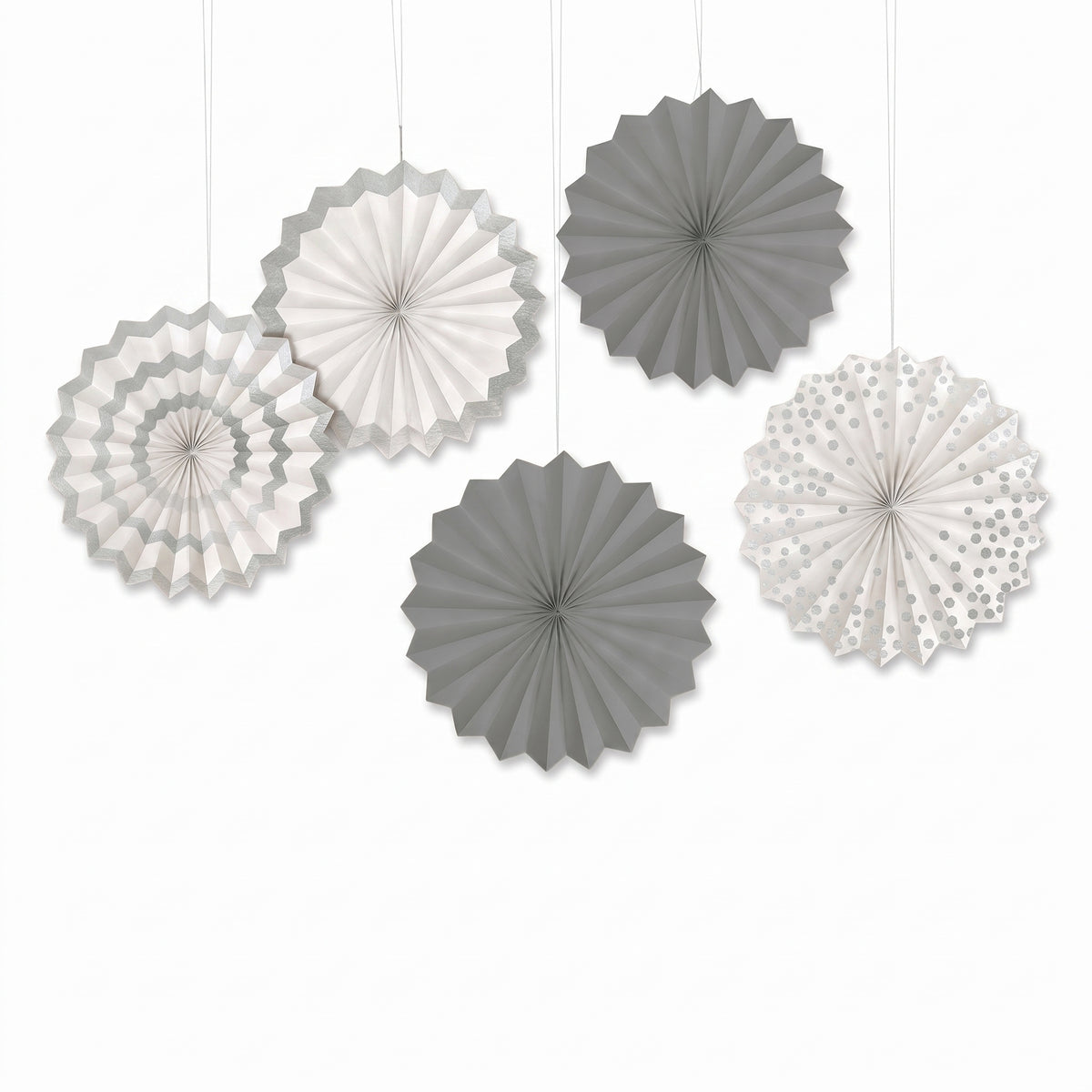 Silver Patterned Paper Fan Decorations - 5-Pack