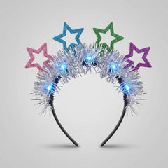 Starlight Light-Up Star Headband with Silver Tinsel for New Year's Eve