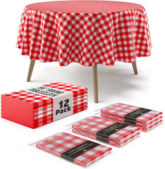 Round Red Gingham Plastic Table Covers | 12 Pack - 84 in.