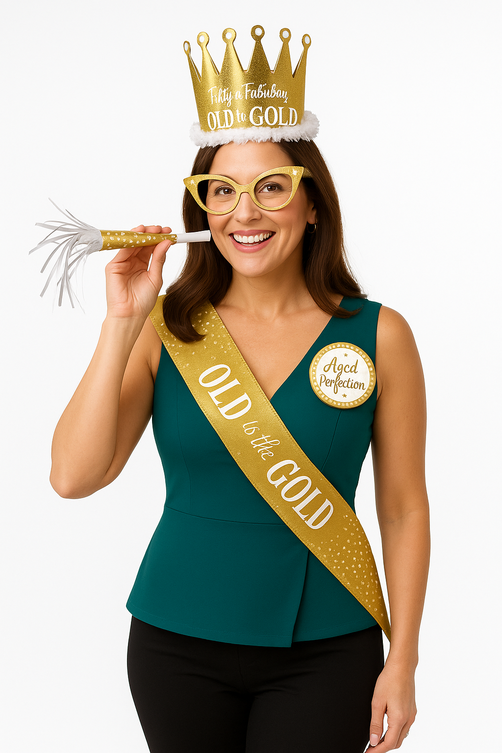 Golden Age Celebration Kit: Crown, Button, and Horn Set for Milestone Birthdays