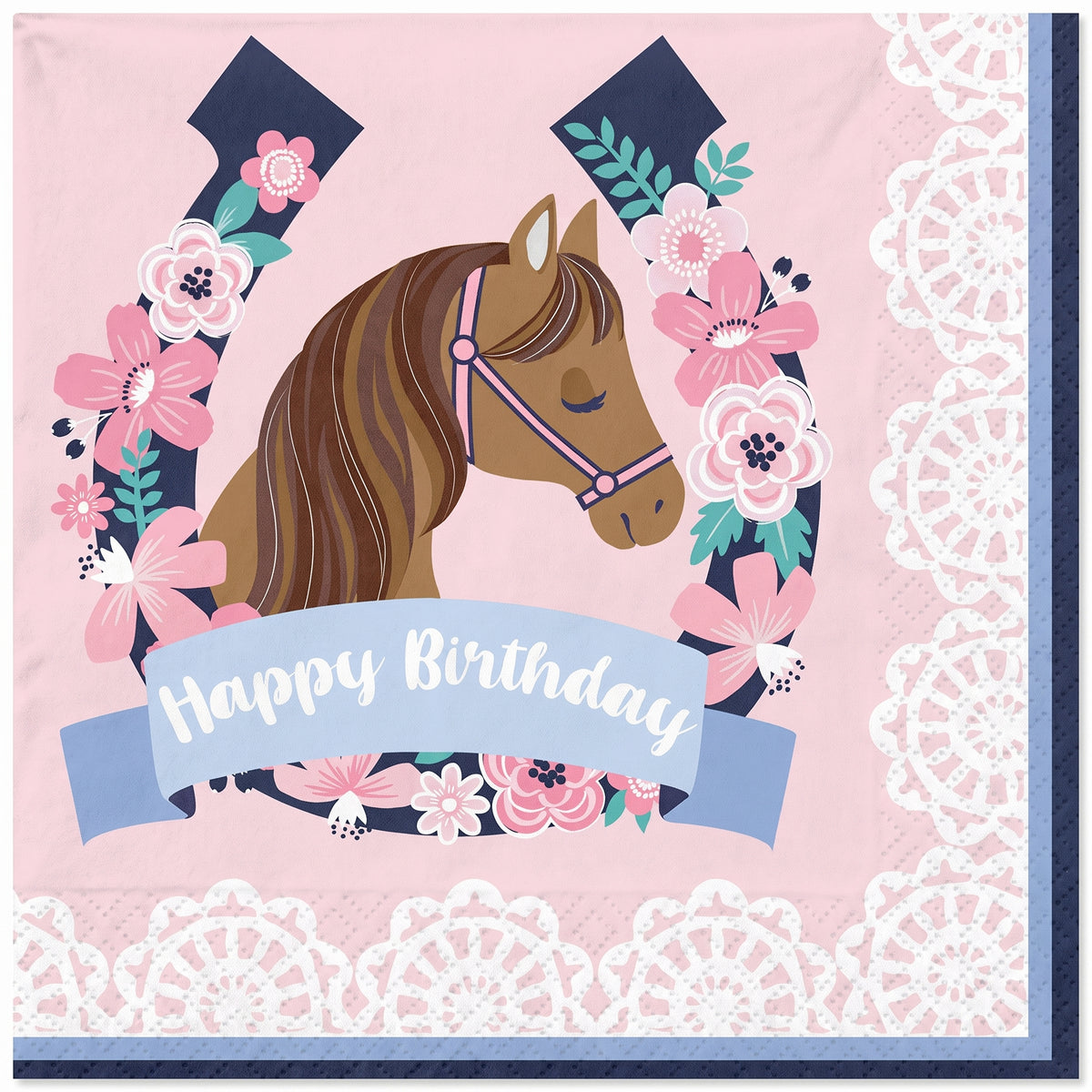 Saddle Up Horse Birthday Lunch Napkins - 6.5 In. x 6.5 In. - Pink, 16-Pack