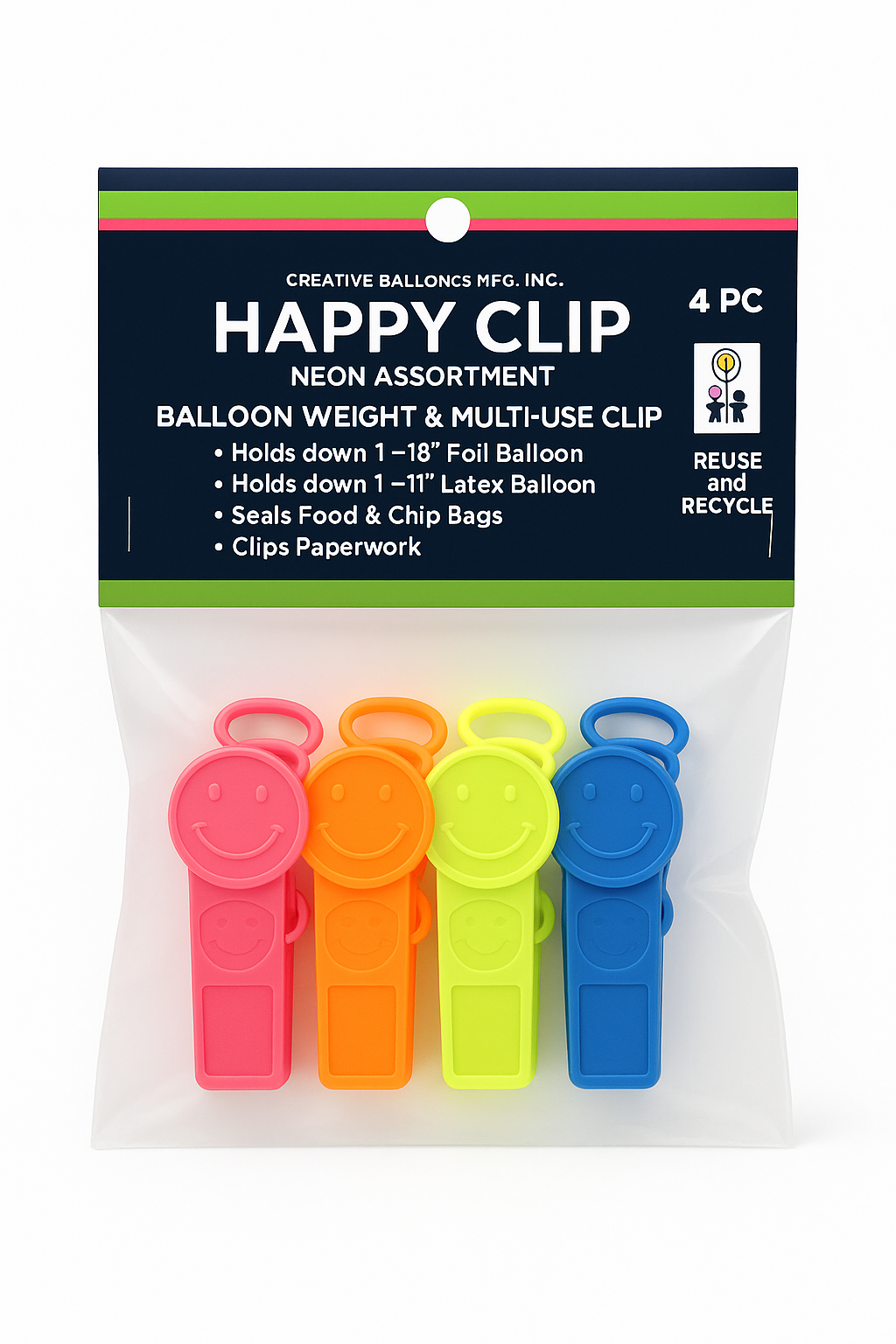 Happy Clip Neon Assortment - 4-Pack Balloon Weight & Multi-Use Clips