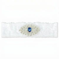 Something Blue Bridal Garter - White Lace Wedding Garter with Sapphire Rhinestone Applique, Plus Size Keepsake Garter for Bride