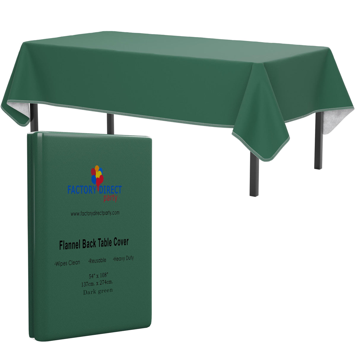 Dark Green Flannel Backed Plastic Table Cover  - 54 In. x 108 In.