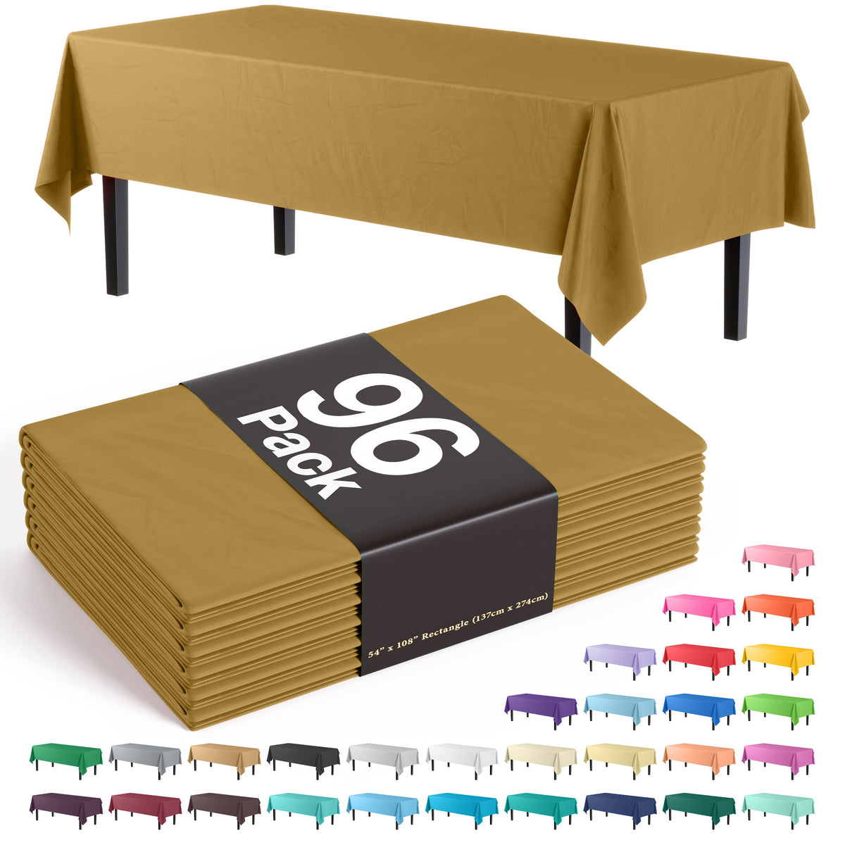 Premium Gold Plastic Table Cover | Case of 96 - 54 In. x 108 In.