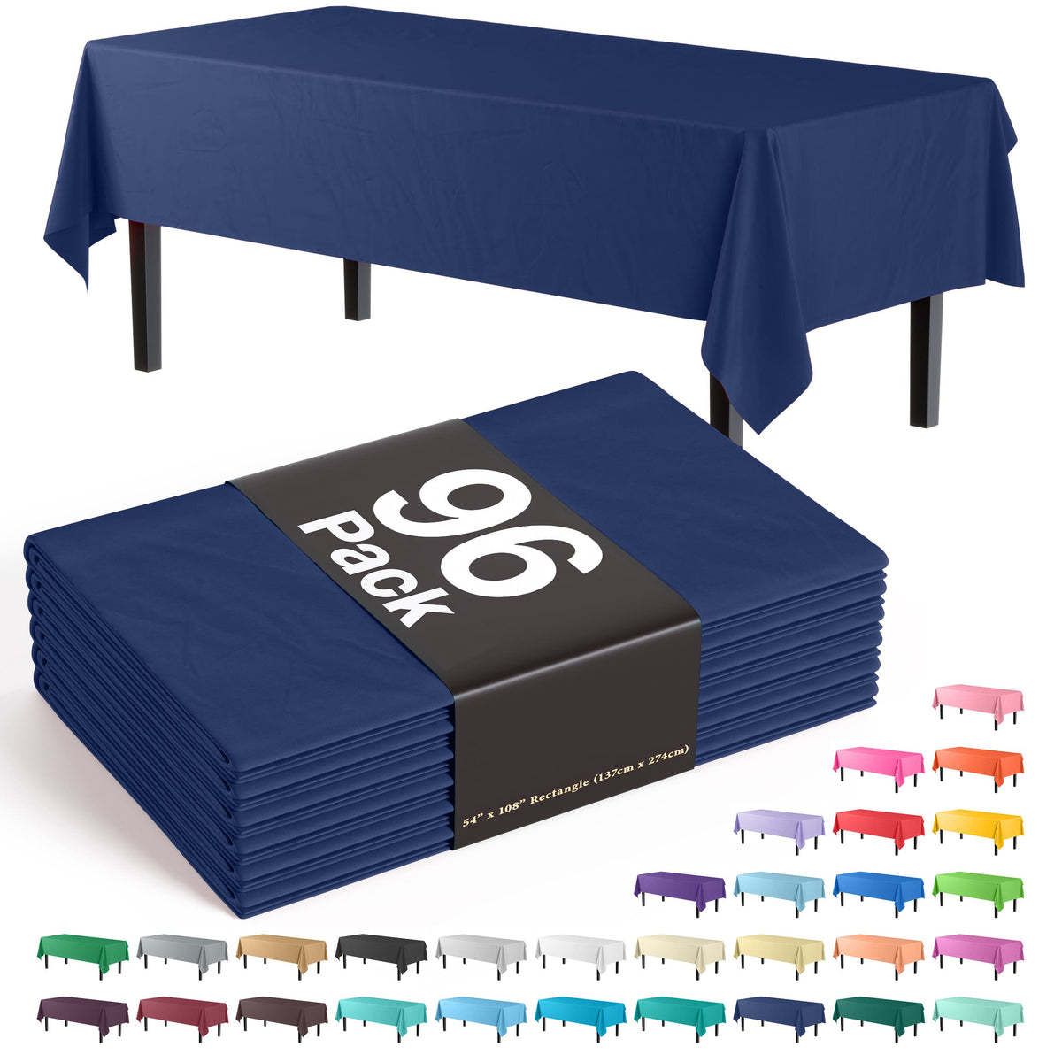 Premium Navy Blue Plastic Table Cover | Case of 96 - 54 In. x 108 In.
