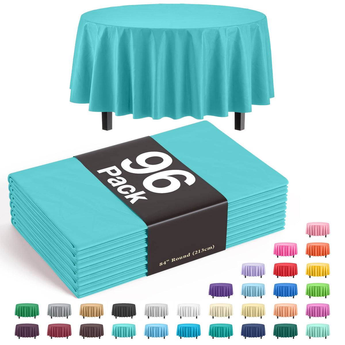Premium Round Aqua Blue Plastic Table Cover - 84 in. | Case of 96