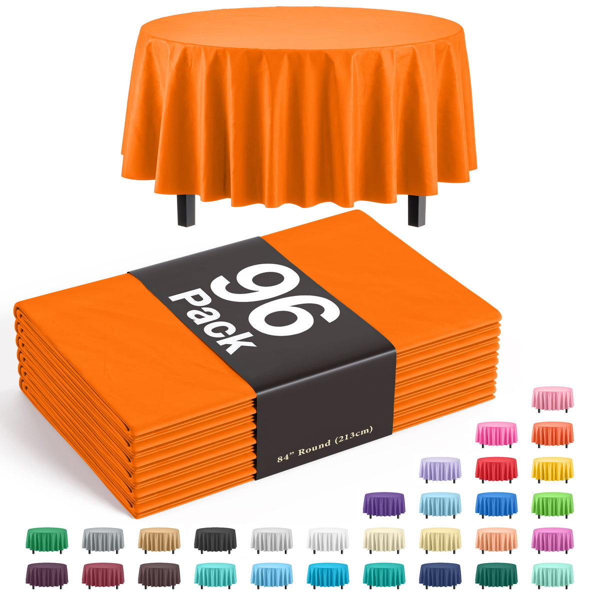Premium Round Orange Plastic Table Cover | Case of 96
