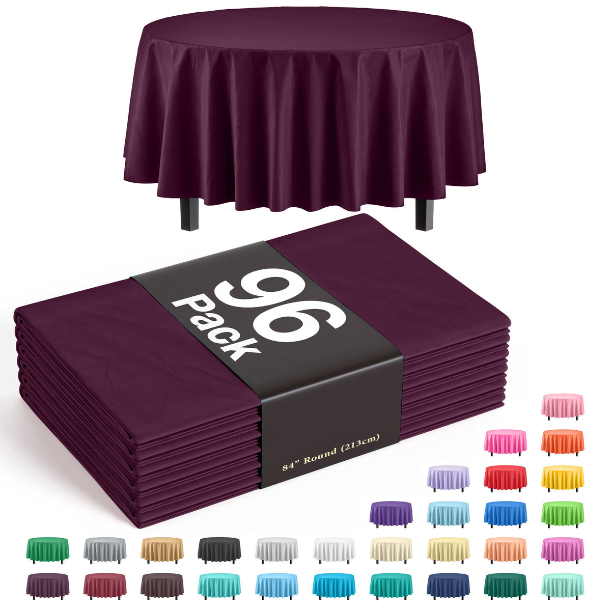 Premium Round Plum Plastic Table Cover - 84 in. | Case of 96