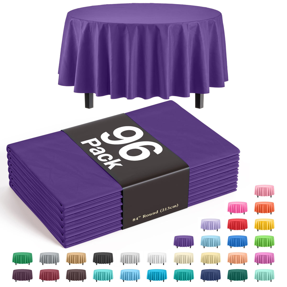 Premium Round Purple Plastic Table Cover | Case of 96