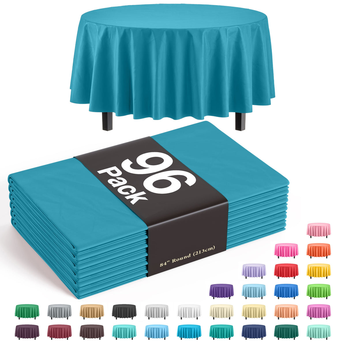 Premium Round Turquoise Plastic Table Cover - 84 in. | Case of 96