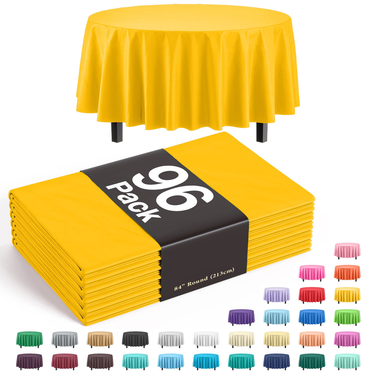 Premium Round Yellow Plastic Table Cover | Case of 96