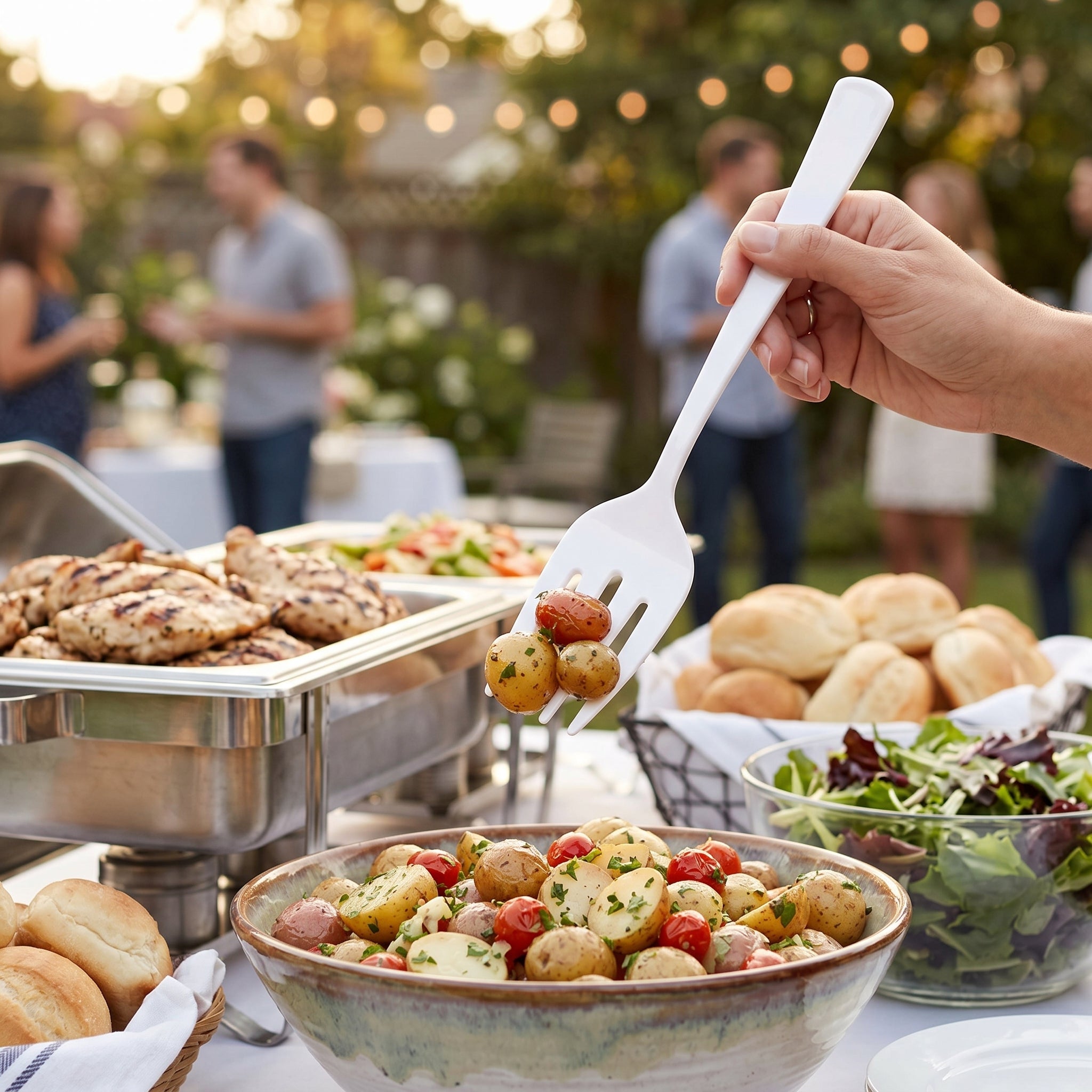 White Plastic Serving Forks 9.75 in. - Heavyweight Disposable Forks with Elegant Glossy Finish, Durable White Plastic Cutlery for Catering, Parties, Weddings