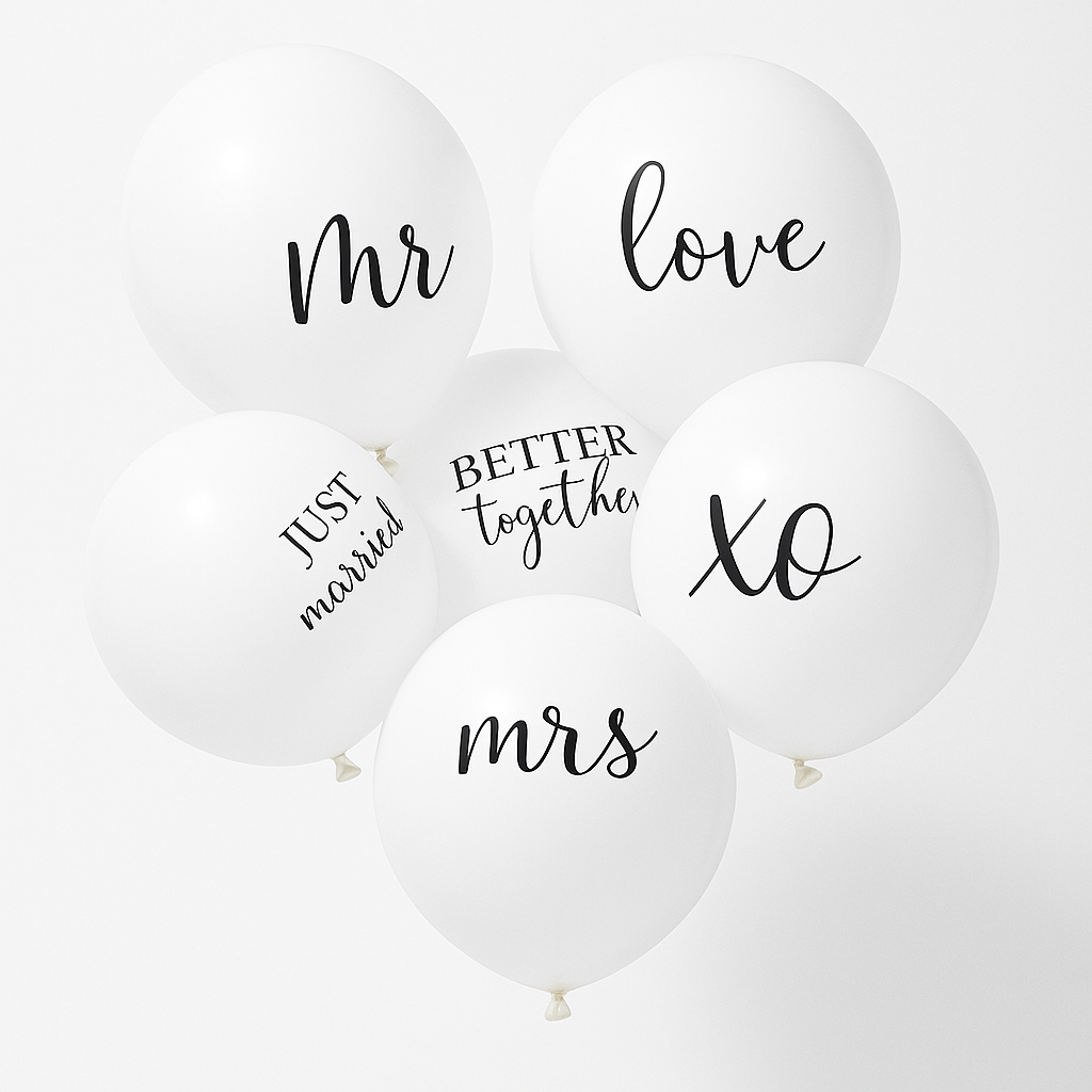 Elegant White Latex Wedding Balloons with Romantic Script, 6-Pack