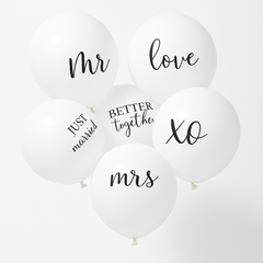 Elegant White Latex Wedding Balloons with Romantic Script, 6-Pack