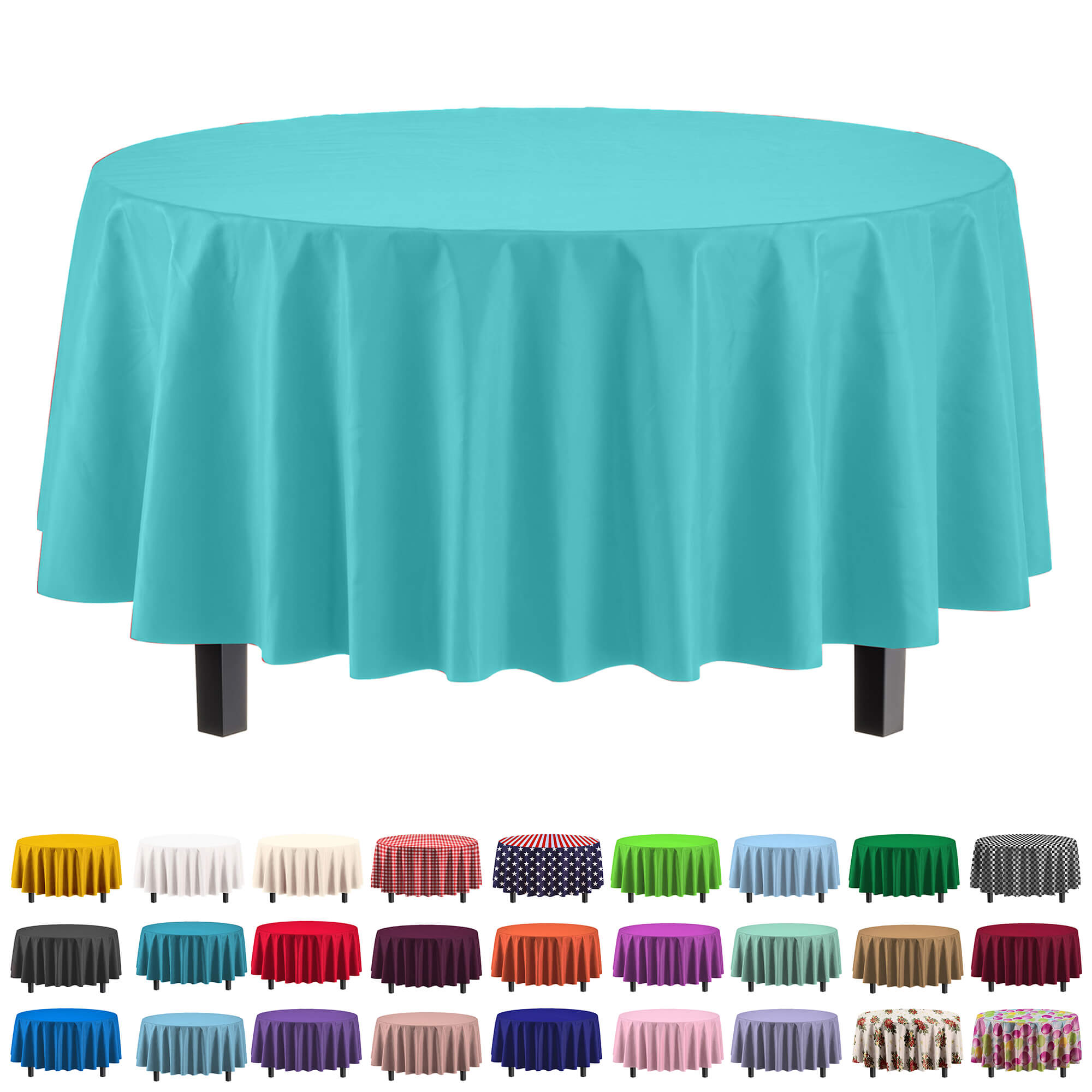 Round Aqua Blue Plastic Table Cover - 84 in. | Case of 48