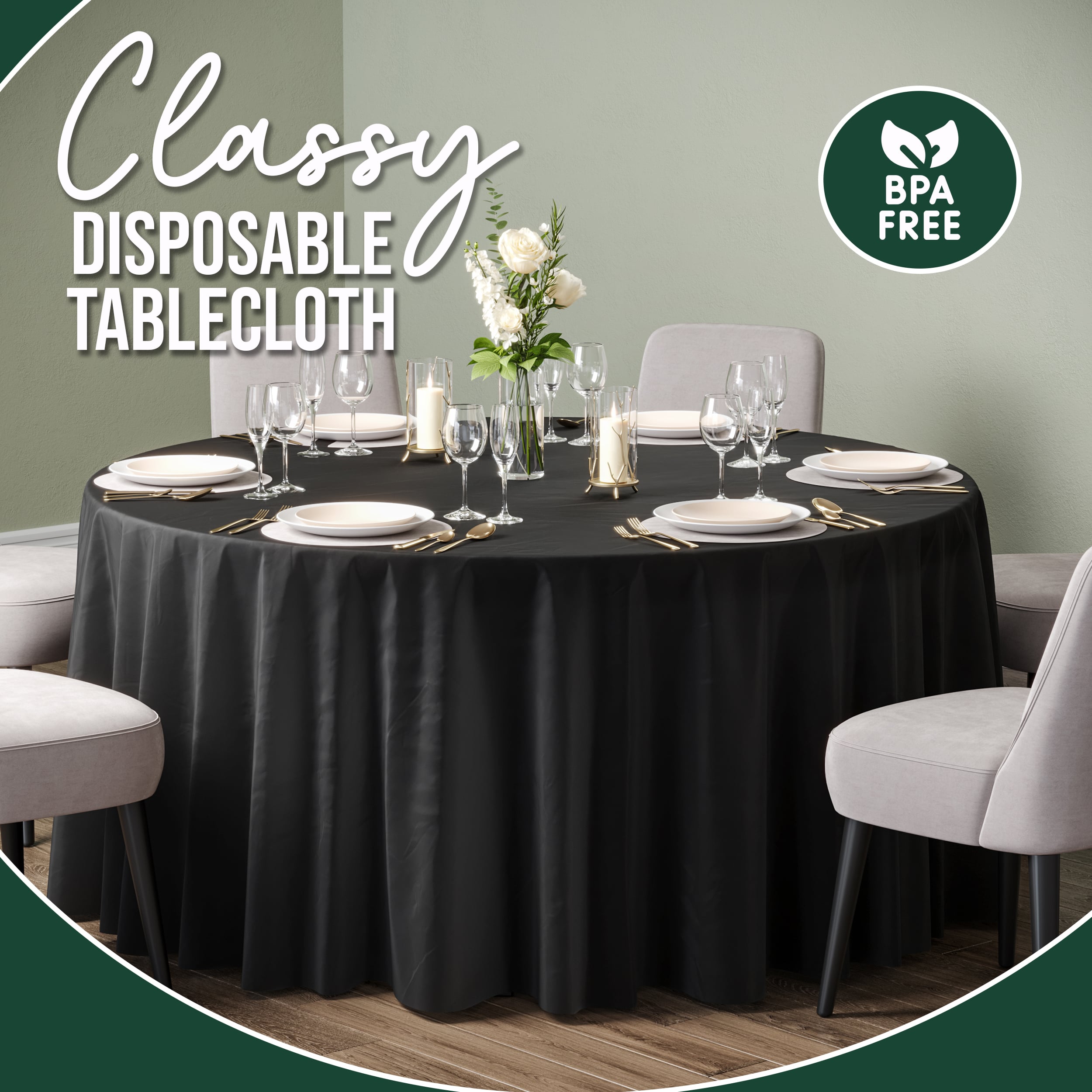 120 In. Premium Round Black Plastic Table Covers | 12 Count
