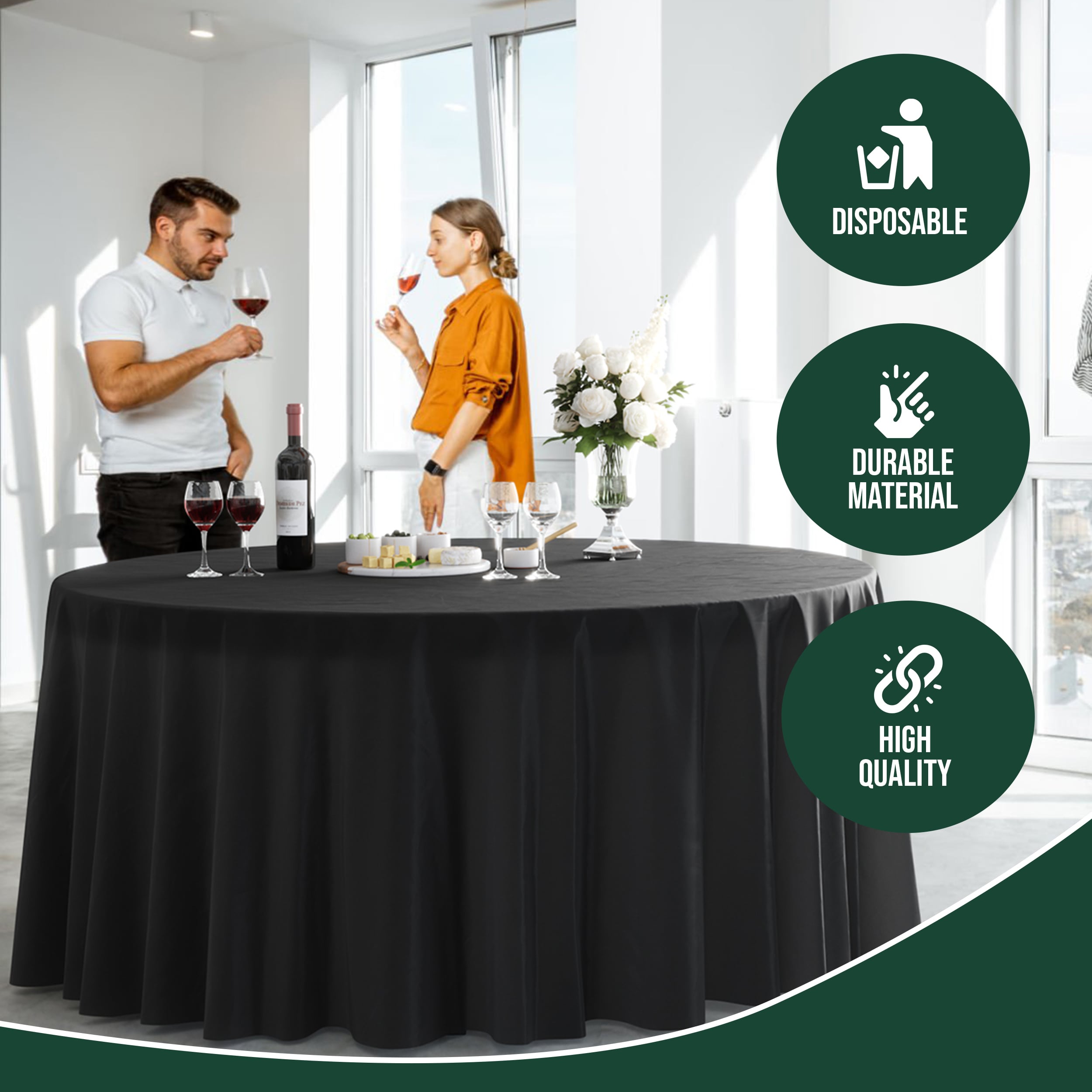 120 In. Premium Round Black Plastic Table Covers | 6 Count