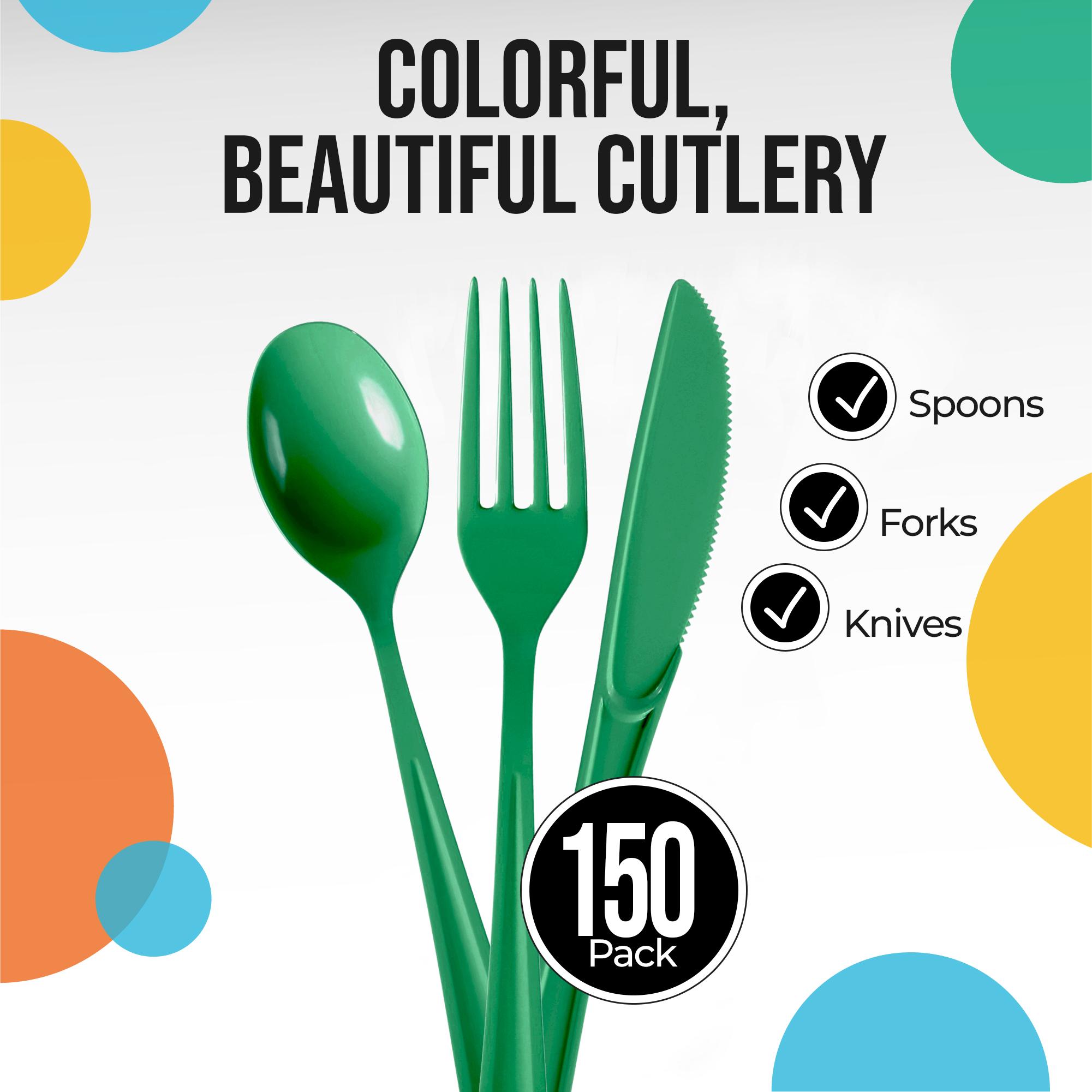 Emerald Green Cutlery Combo Set | 50 Forks 50 Spoons And 50 Knives - 7.5 in.