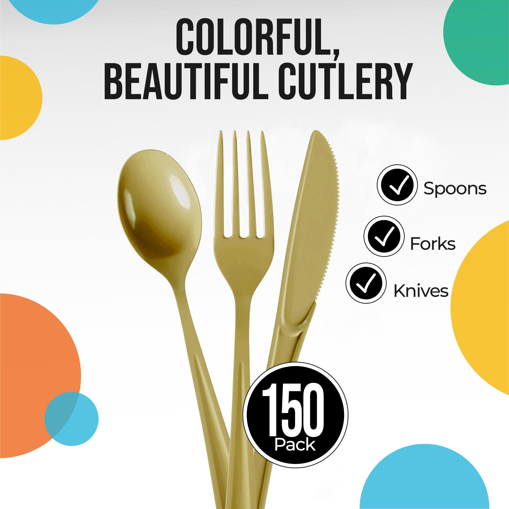 Gold Cutlery Combo Set | 50 Forks 50 Spoons And 50 Knives - 7.5 in.