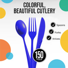 Dark Blue Cutlery Combo Set | 50 Forks 50 Spoons And 50 Knives - 7.5 in.