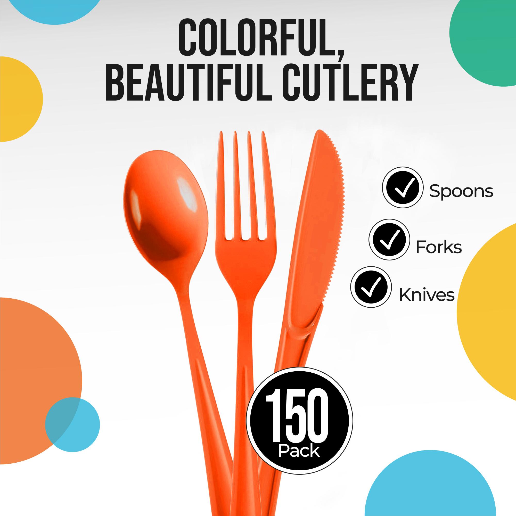 Orange Cutlery Combo Set | 50 Forks 50 Spoons And 50 Knives - 7.5 in.