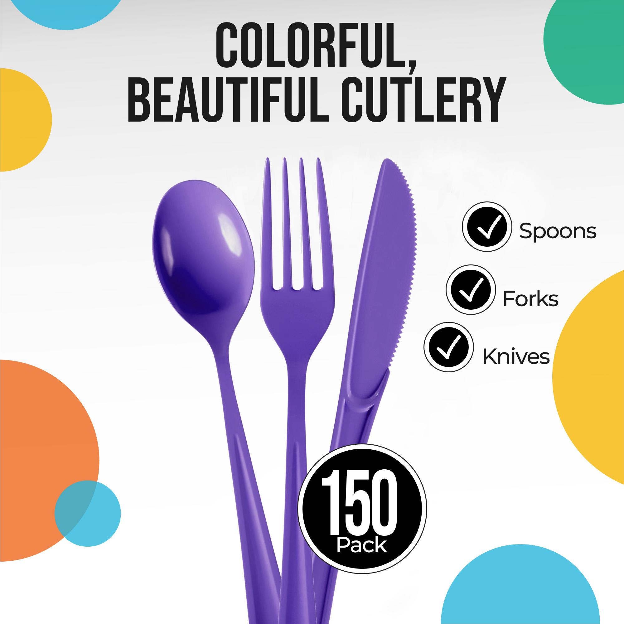 Purple Cutlery Combo Set | 50 Forks 50 Spoons And 50 Knives - 7.5 in.