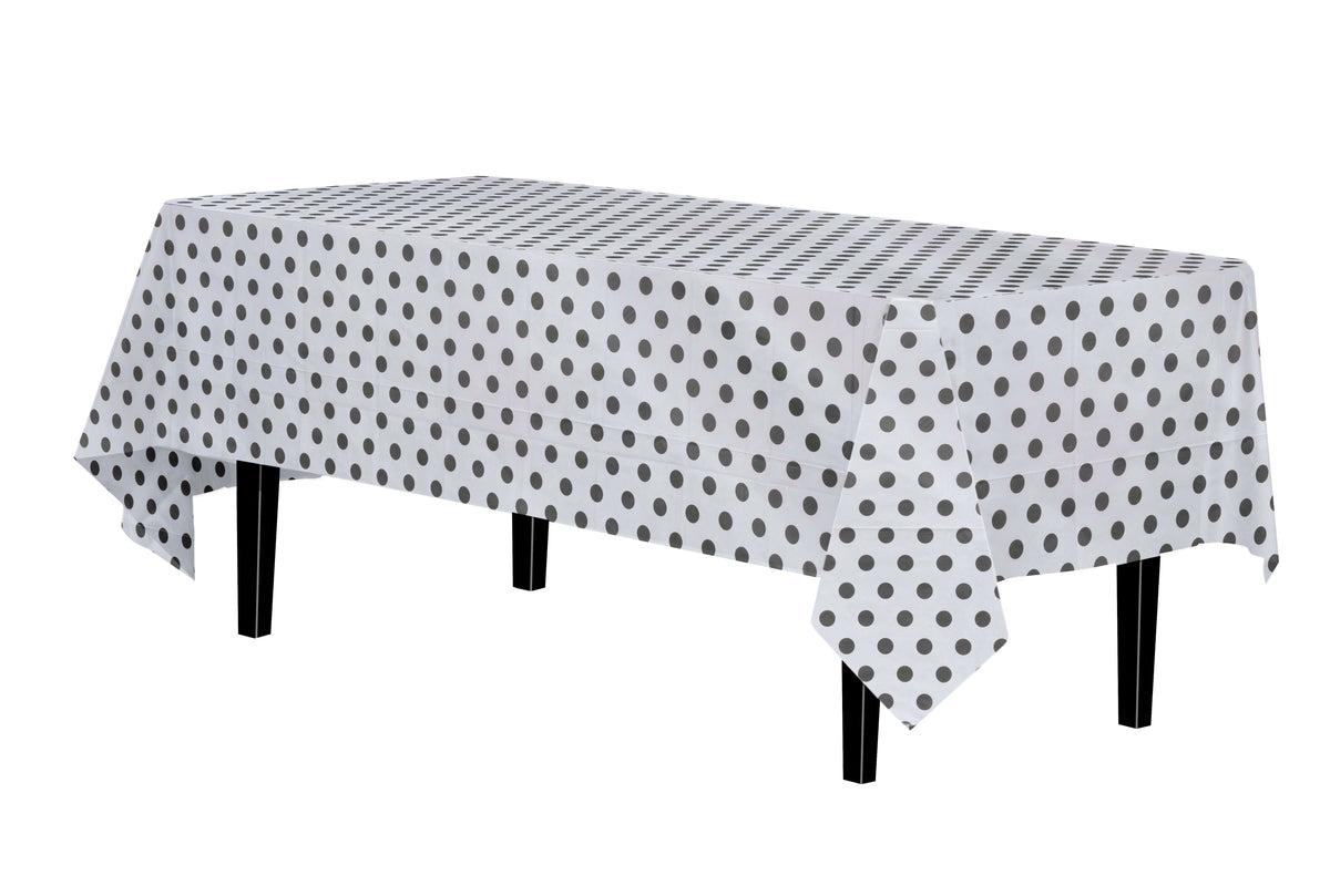 Black Polka Dot Plastic Table Covers | 12 Pack - 54 in. x 108 in.
