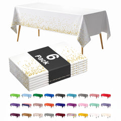 White & Gold Celebrate Printed Plastic Table Covers | 6 Count | 54 in. x 108 in.
