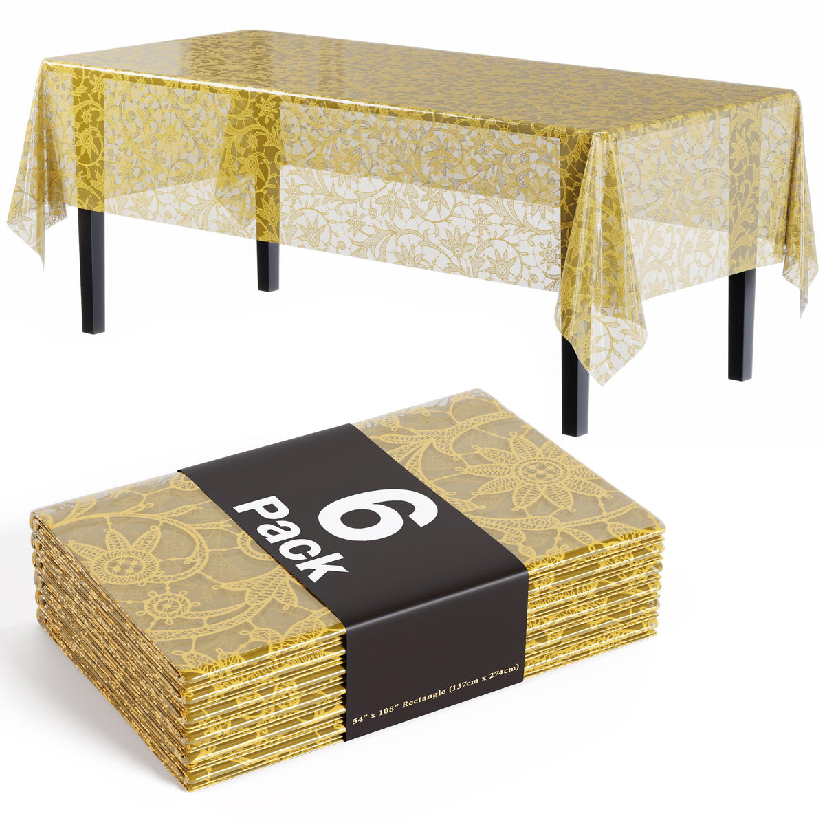 Gold Lace Plastic Table Covers | 6 Pack - 54 In. x 108 In.