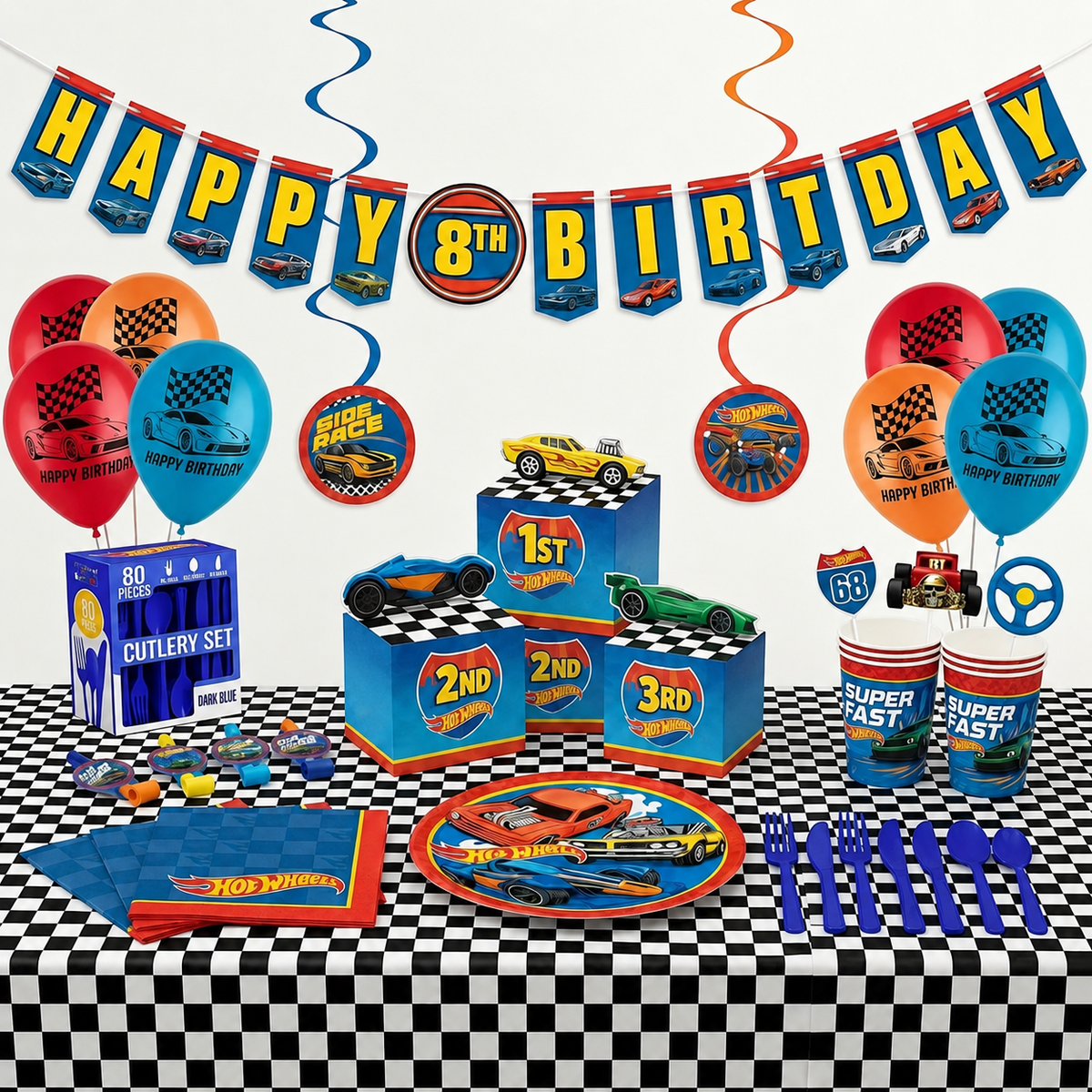 165 Pcs Hot Wheels Deluxe Birthday Party Kit | For 8 Guests