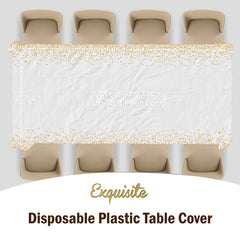 White & Gold Celebrate Printed Plastic Table Covers | 12 Count - 54 In. x 108 In.