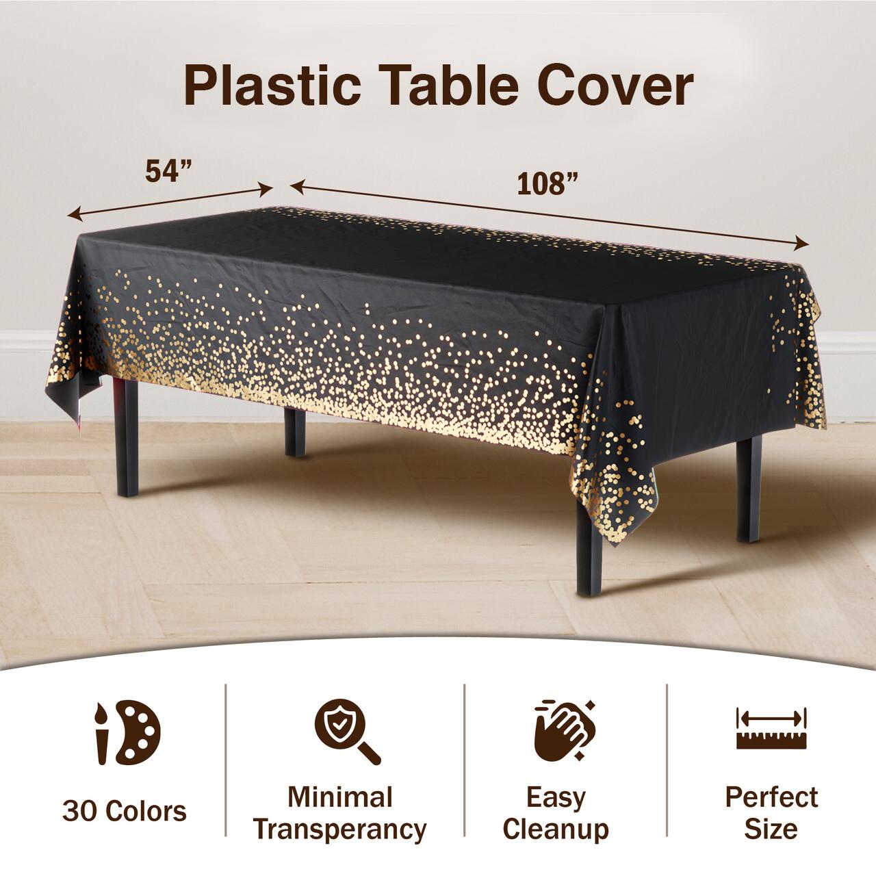 Black & Gold Celebrate Printed Plastic Table Covers | 12 Count - 54 In. x 108 In.